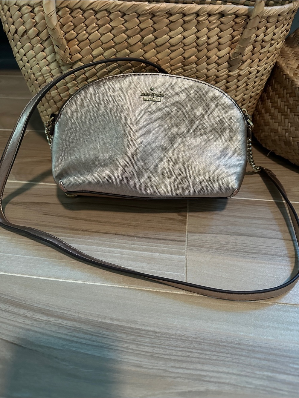 kate spade Metallic Taupe/Rose Pink Crossbody Bag with Chain Strap